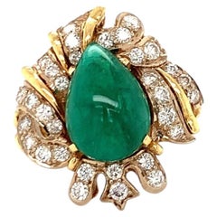 Vintage 1960s Pear Cabochon Emerald and 1.5ct Diamond Ring, 9.50ct, 18K Yellow G