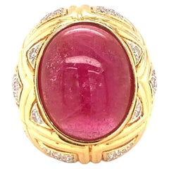 Pink 16.0ct Tourmaline Dome Ring with 1.25ct Diamond Geometric Pattern, 18K Gold