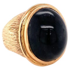 Vintage 1960s Bezel-Set Black Sapphire Ring, Hand-Textured 14K Gold, 30 Carats