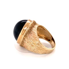 Vintage 1960s Bezel-Set Black Sapphire Ring, Hand-Textured 14K Gold, 30 Carats