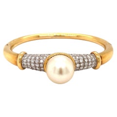 South Sea Pearl and 1.75ct Diamond 18K Yellow Gold Bangle, Circa 1970s