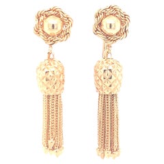 1960s 14K Yellow Gold Rope Twist Tassel Drop Earrings, Screw Backs