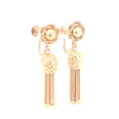 1960s 14K Yellow Gold Rope Twist Tassel Drop Earrings, Screw Backs