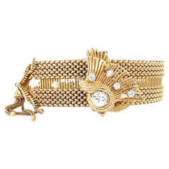 Woven Mesh Buckle Bracelet with Diamonds in 14K Gold, circa 1960s
