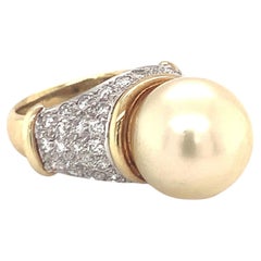 South Sea Golden Pearl and 1.5ct Diamond 18K Gold Ring, 13mm, Circa 1970s