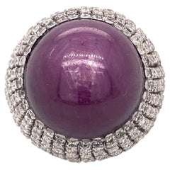 GIA 78.67ct Star Ruby and 4.15ct Diamond Bombé Ring in 14K White Gold, No-Heat