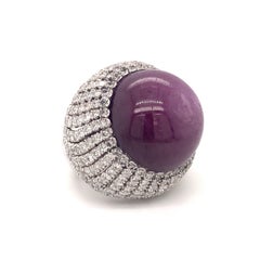 GIA 78.67ct Star Ruby and 4.15ct Diamond Bombé Ring in 14K White Gold, No-Heat