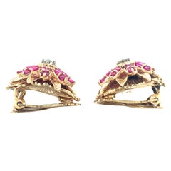 3.0ct Ruby and 0.4ct Diamond 14K Yellow Gold Flower Motif Earclips, Circa 1960s