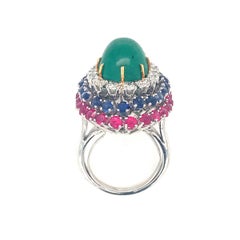 Multi-Gem Bombe Cocktail Ring, Cabochon 11.0ct Emerald, Ruby, Sapphire and Diamo