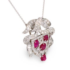 GIA Art Deco Carved Burmese 4.0ct Ruby and Diamond Platinum Convertible Pendant