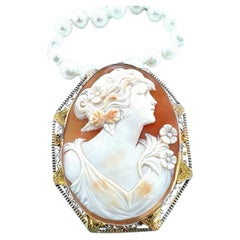 Victorian Shell Cameo and Cultured Pearl Necklace, Large 3-Inch Cameo