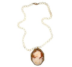 Victorian Shell Cameo and Cultured Pearl Necklace, Large 3-Inch Cameo