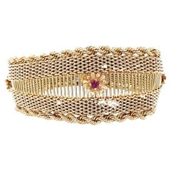 Woven Mesh Strap Bracelet with Garnets in 14K Gold, circa 1960s