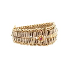 Woven Mesh Strap Bracelet with Garnets in 14K Gold, circa 1960s