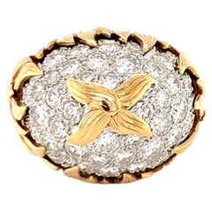 French 1960s Diamond Pave Dome Ring, 3ct Flame Motif, 18K Yellow Gold
