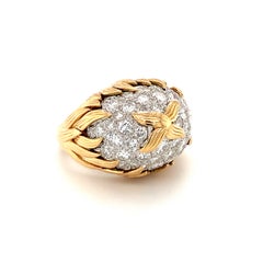 French 1960s Diamond Pave Dome Ring, 3ct Flame Motif, 18K Yellow Gold