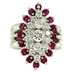 0.94ct Diamond and 0.64ct Ruby Cluster Ring, 14K White Gold, Circa 1960s