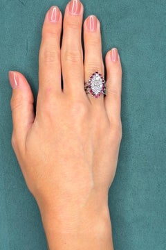 0.94ct Diamond and 0.64ct Ruby Cluster Ring, 14K White Gold, Circa 1960s