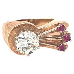 Retro 1940s Diamond and 0.25ct Ruby 14K Rose Gold Ring, 1.70ct Old European Cut