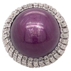 GIA 78.67ct Star Ruby and 4.15ct Diamond Bombé Ring in 14K White Gold, No-Heat