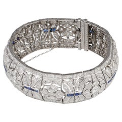 Art Deco Platinum Diamond & 1.28ct Sapphire Wide Strap Bracelet, 16.44ct