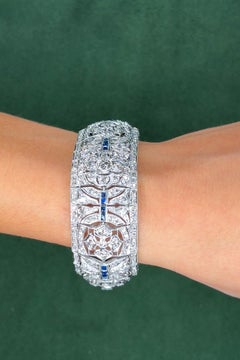 Art Deco Platinum Diamond & 1.28ct Sapphire Wide Strap Bracelet, 16.44ct