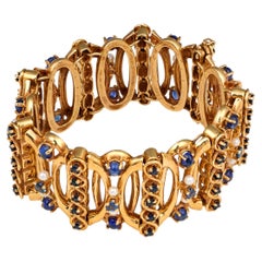 Retro 14K Rose Gold 15.0ct Sapphire & Pearl Bracelet, Circa 1940s