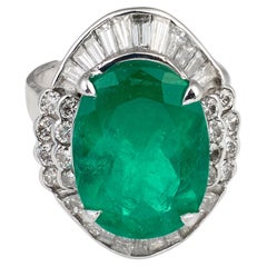 Art Deco Emerald & 0.75ct Diamond Platinum Ring, 15ct Oval Emerald, Circa 1930s