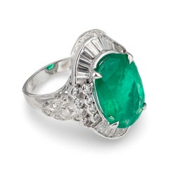 Art Deco Emerald & 0.75ct Diamond Platinum Ring, 15ct Oval Emerald, Circa 1930s