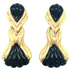 Carved Black Onyx 18K Yellow Gold Earrings by Wander, Circa 1970s