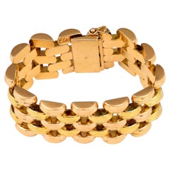 Wide Retro Two-Tone Gold Brick Link Bracelet in 18K, circa 1940s