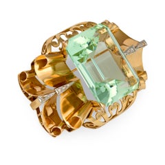 Retro-Brosche aus den 1940er Jahren mit grünem Beryll, 90 Karat, 14-karätiges Roségold mit Diamantbesatz (0,2 ct)