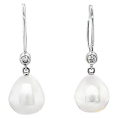 Pearl and 0.15ct Diamond 18K White Gold Drop Earrings, 9mm Cultured Pearl