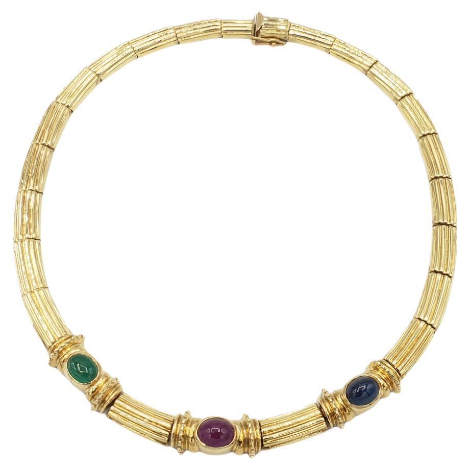 NEW Natural Ruby Sapphire Emerald Necklace in 14K Solid Yellow Gold Wt. 52Grams For Sale