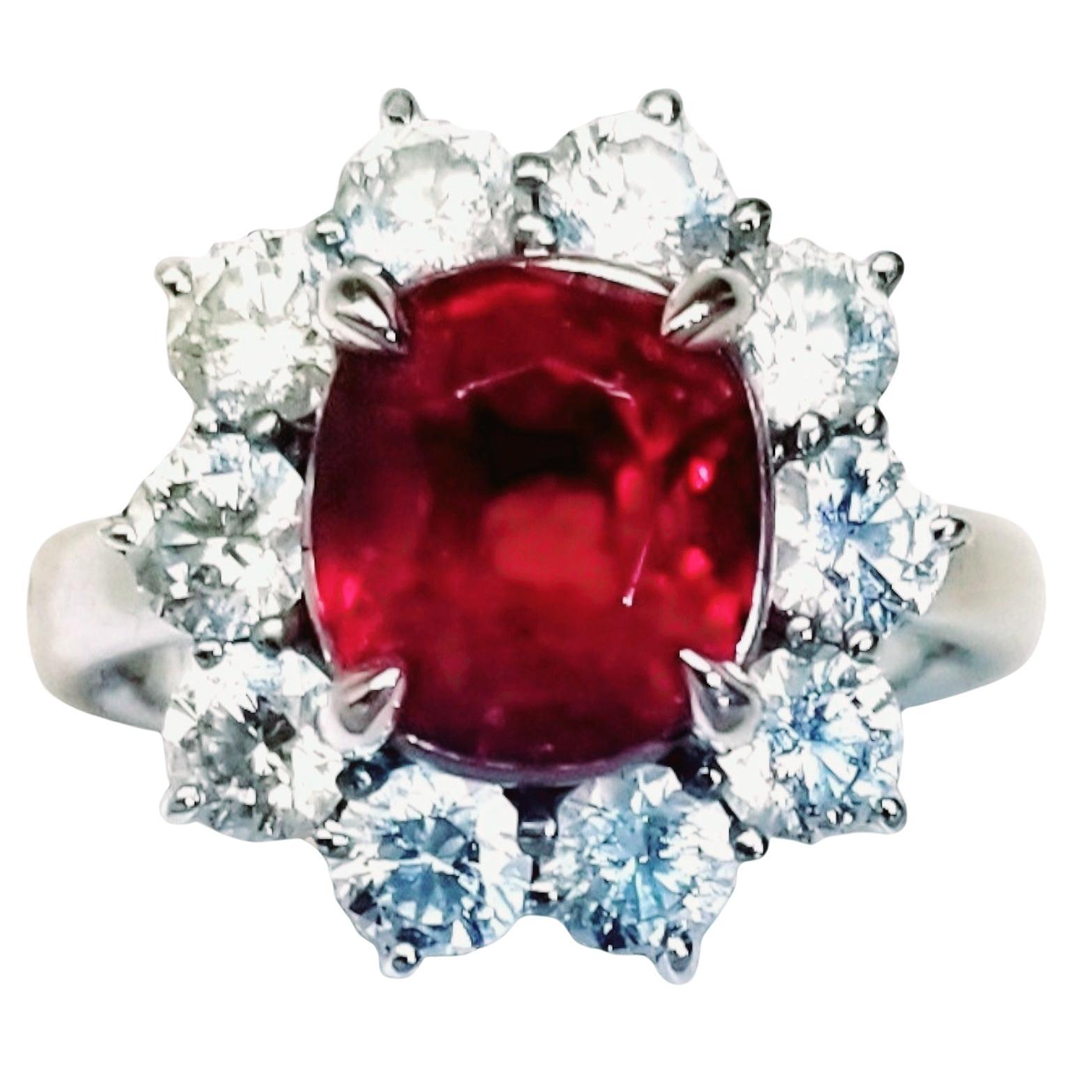 NEW SSEF* 4.542CT Pigeon Red Unheated Burma Mogok Ruby Diamond Ring in Platinum For Sale