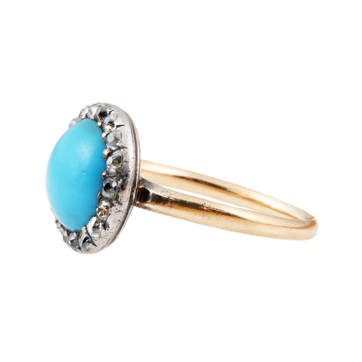 Georgian Turquoise Glass Old Mine Cut Diamond Silver Gold Ring at 1stDibs