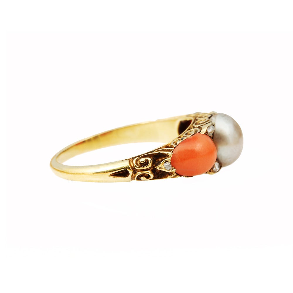 Women's Victorian Coral Pearl Diamond Gold Ring