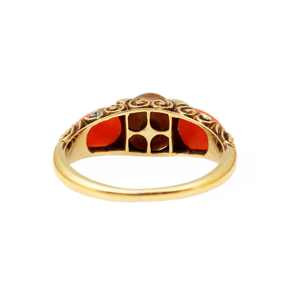 Victorian Coral Pearl Diamond Gold Ring In Excellent Condition In Austin, TX