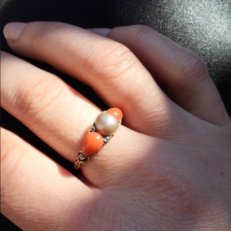 Victorian Coral Pearl Diamond Gold Ring 1