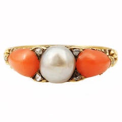 Victorian Coral Pearl Diamond Gold Ring