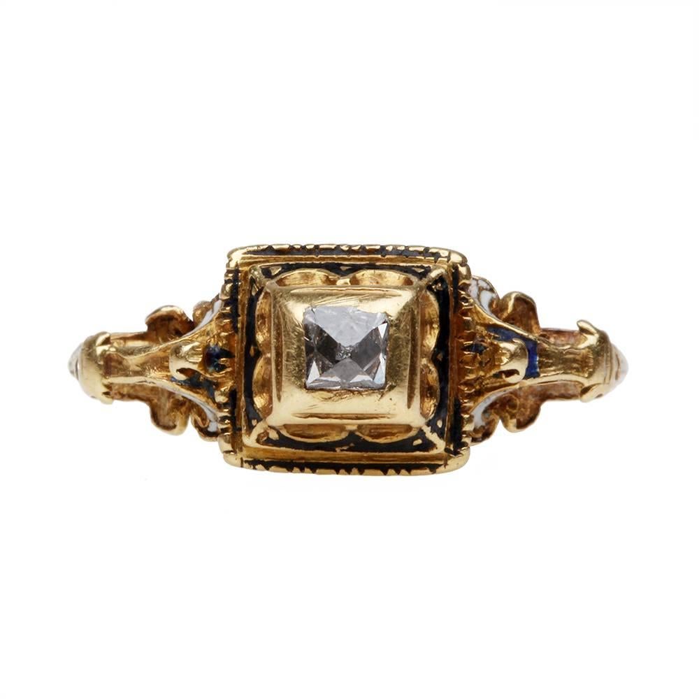 16th Century Renaissance point cut diamond ring, with enamel details, 18+ carat gold. Circa 1670, Western European. 

Pre 18th Century diamonds were extraordinarily rare because of single source of diamonds from India, provided only the wealthiest