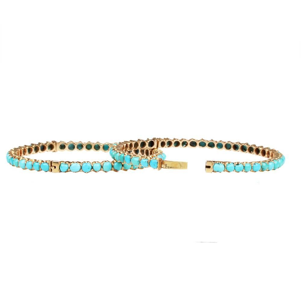 Victorian Matched Pair Turquoise Gold Bangles In Excellent Condition In Austin, TX