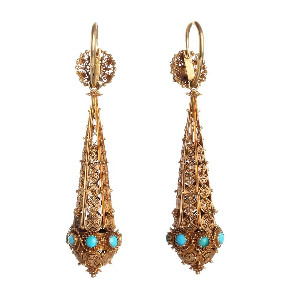 Georgian Cannetille Turquoise Gold Torpedo Earrings In Excellent Condition In Austin, TX