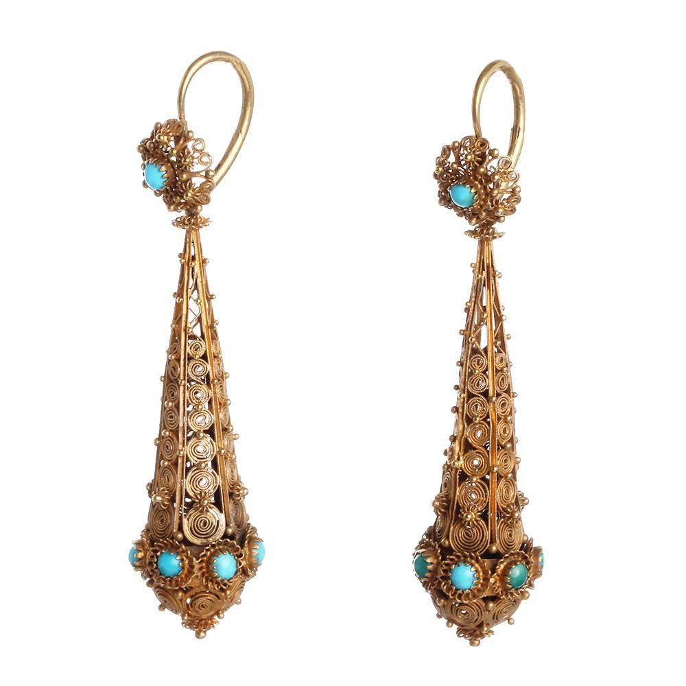 Women's Georgian Cannetille Turquoise Gold Torpedo Earrings
