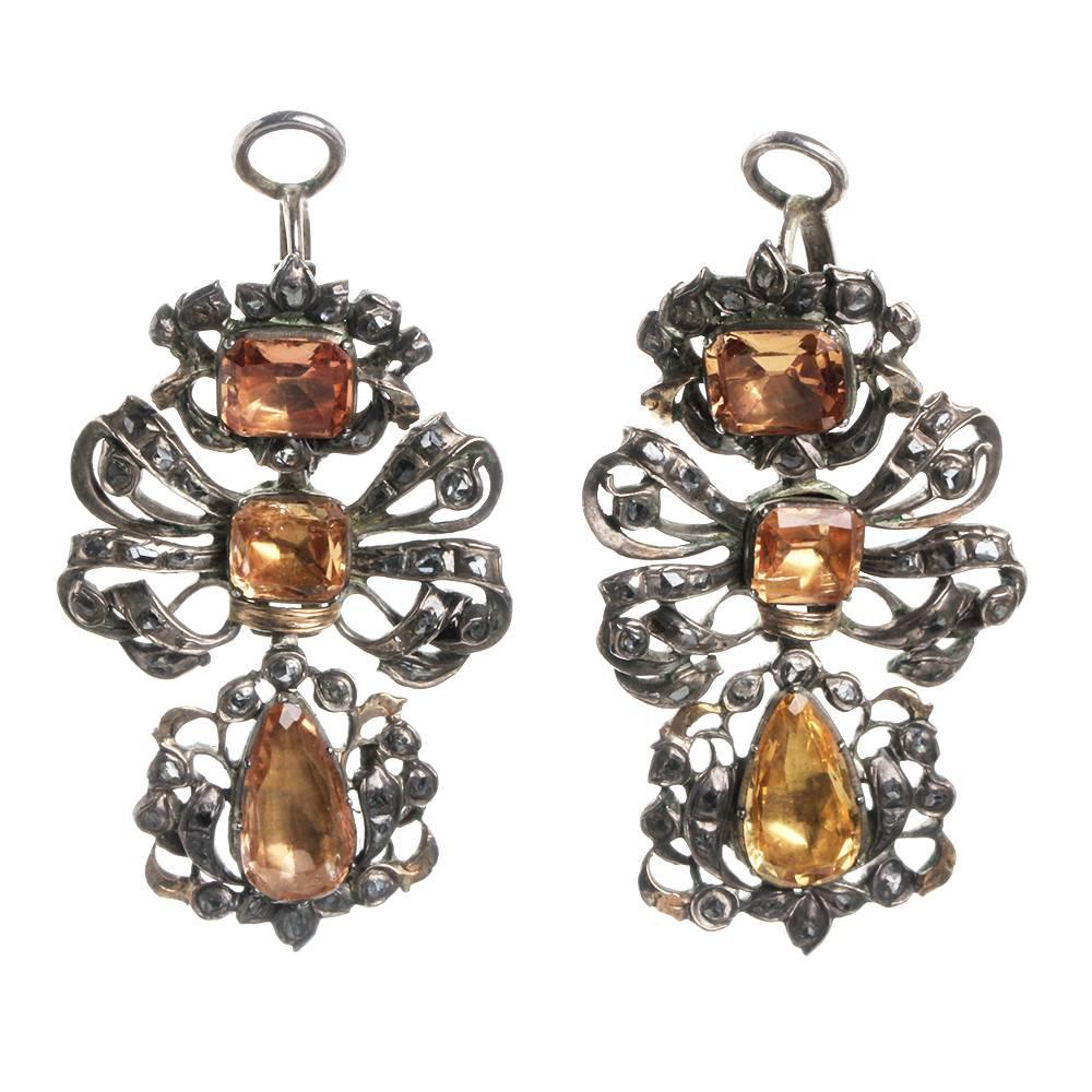 18th Century Iberian Pendeloque Topaz Diamond Earrings For Sale
