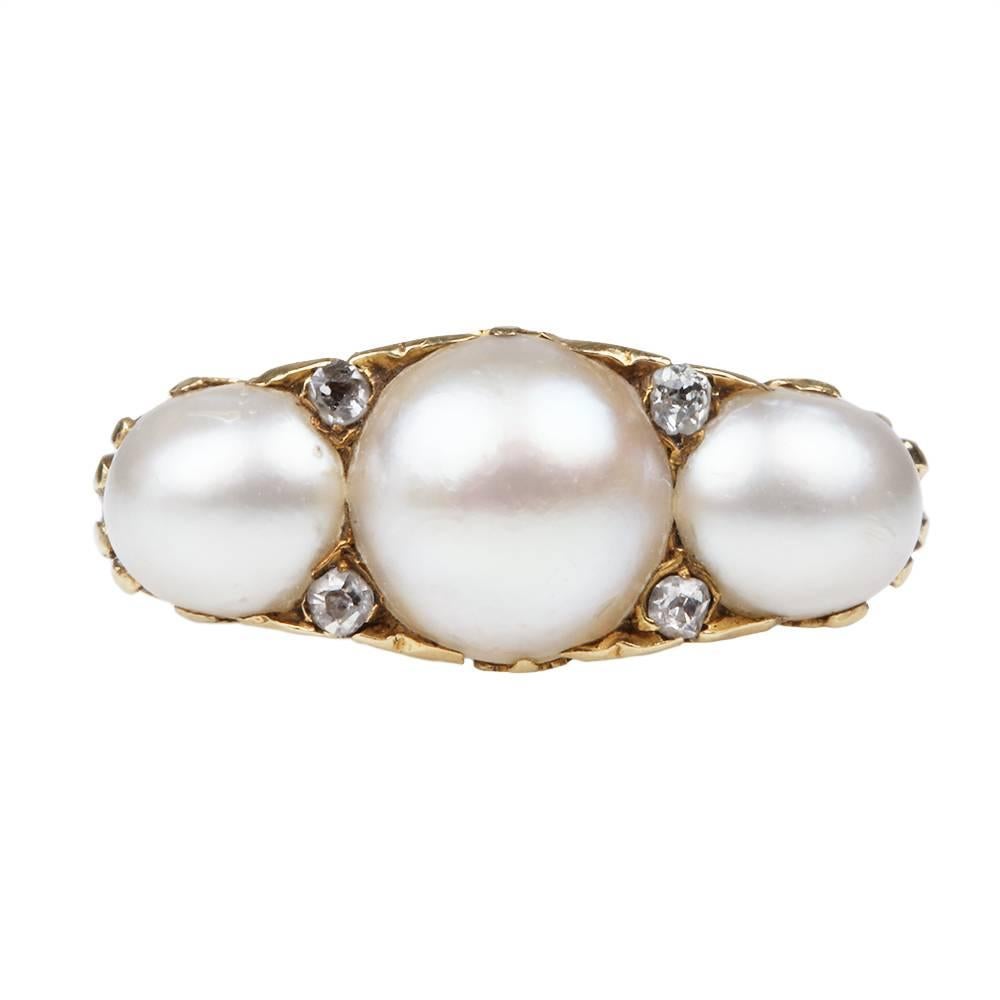 Late Victorian Antique Victorian Three Stone Pearl Diamond Gold Ring For Sale