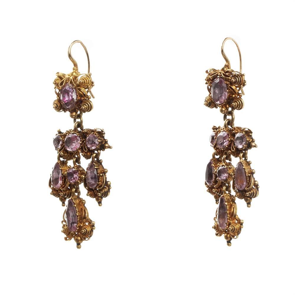 Georgian 19th Century Gold Cannetille Pink Topaz Earrings For Sale