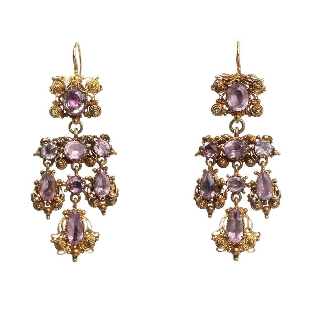19th Century Gold Cannetille Pink Topaz Earrings For Sale