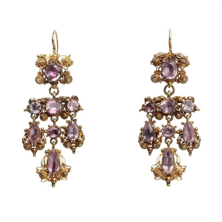 19th Century Gold Cannetille Pink Topaz Earrings For Sale at 1stdibs