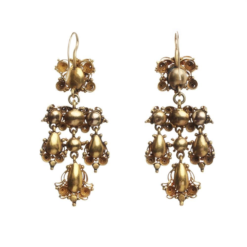 19th Century Gold Cannetille Pink Topaz Earrings In Excellent Condition For Sale In Austin, TX